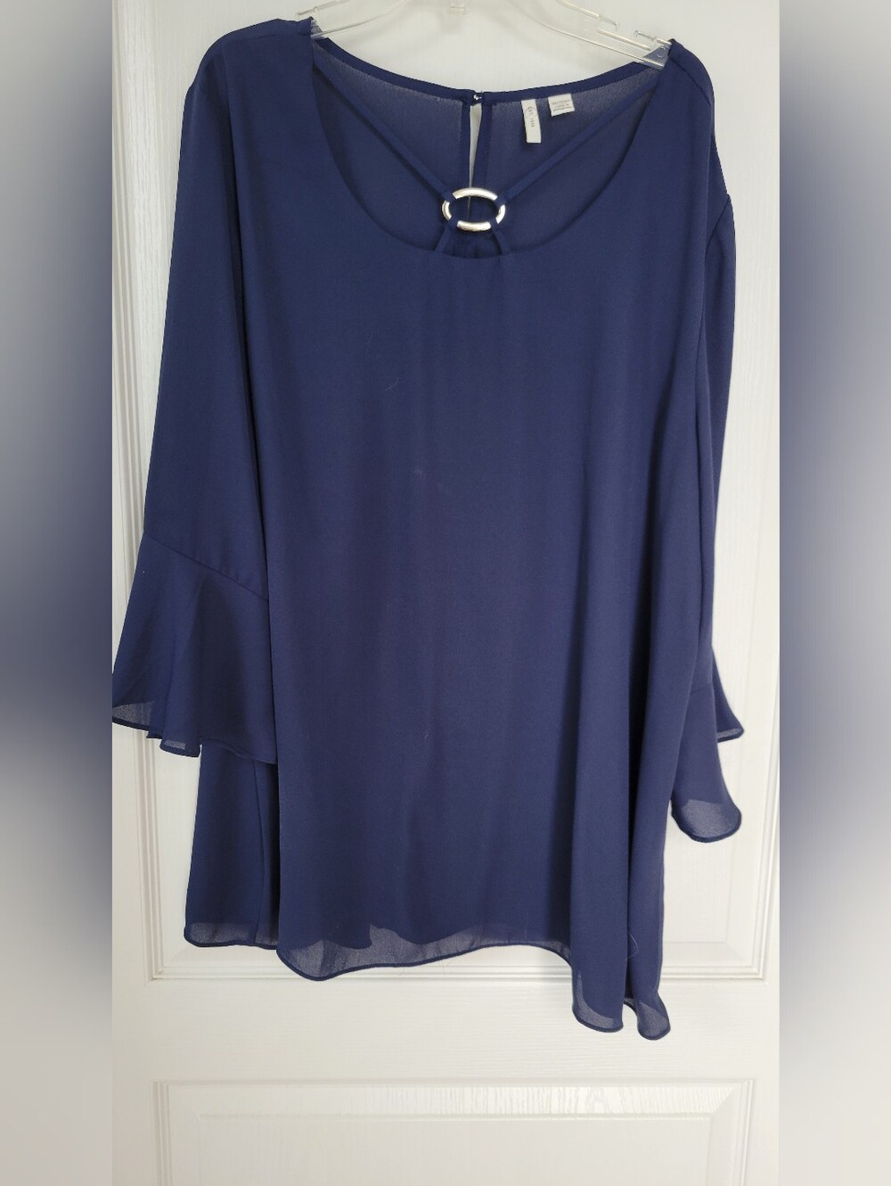 EST 1946 Cato Navy Blue Chiffon Blouse 18/20W 2X Ring Neck Flutter Bell Sleeve